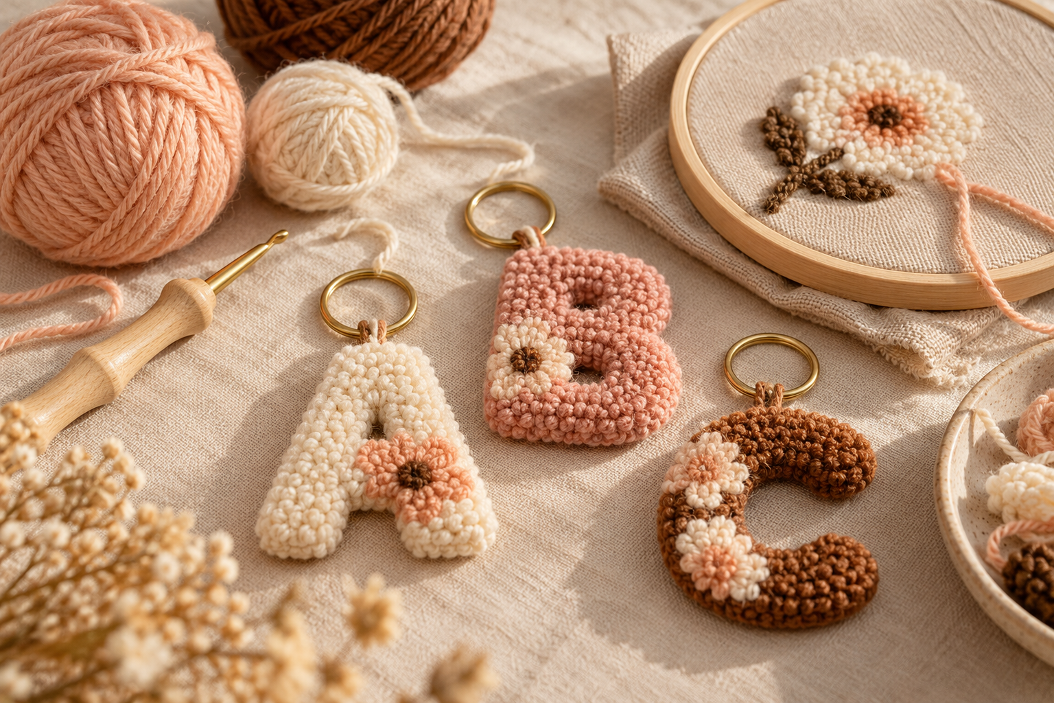 KI-generiertes Symbolbild: Punch-Needle-Buchstabenanhänger, Garn und Stickrahmen in Peach- und Naturtönen